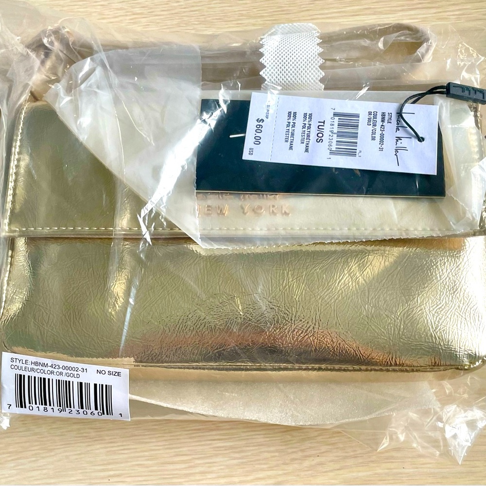 NEW Nicole Miller shiny Gold vegan leather handbag NWT purse